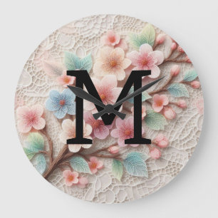 Reloj Redondo Grande Flor de cerezo rosa pastel de encaje con monograma