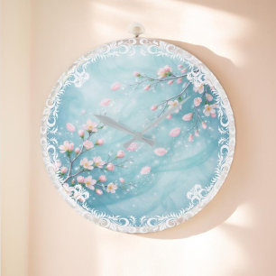 Reloj Redondo Grande Flor de cerezo rosa turquesa elegante