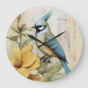 Reloj Redondo Grande Flor de cosecha y pájaro azul