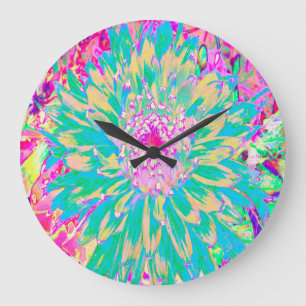 Reloj Redondo Grande Flor de Dalia Verde Turquesa y Rosa Caliente Decor