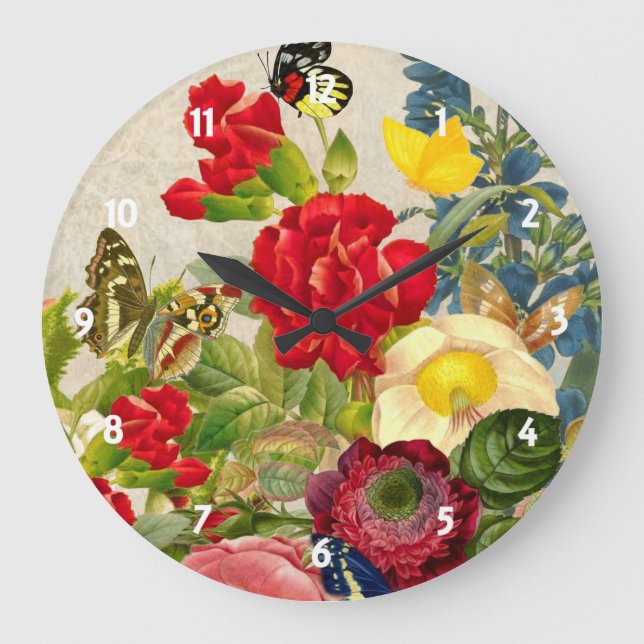 Reloj Redondo Grande Flor de época Bouquet con mariposas (Anverso)