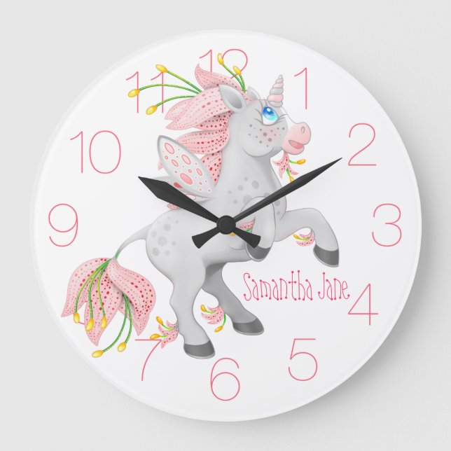 Reloj Redondo Grande Flor de hadas rosadas Unicornio Nursera Whimsical (Anverso)