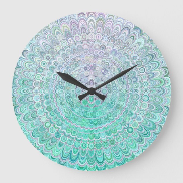 Reloj Redondo Grande Flor de hielo turquesa Mandala (Anverso)