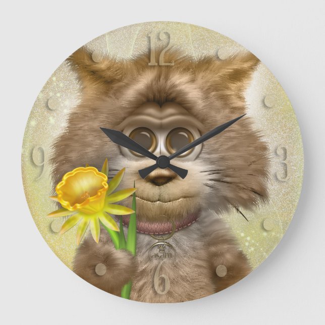Reloj Redondo Grande Flor de la primavera de los gatos del gatito (Anverso)