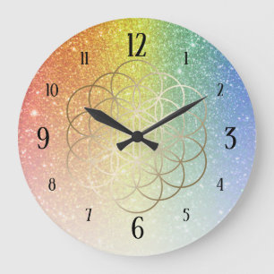 Reloj Redondo Grande Flor de la Vida Dorada sobre Gradiente de Brillo d