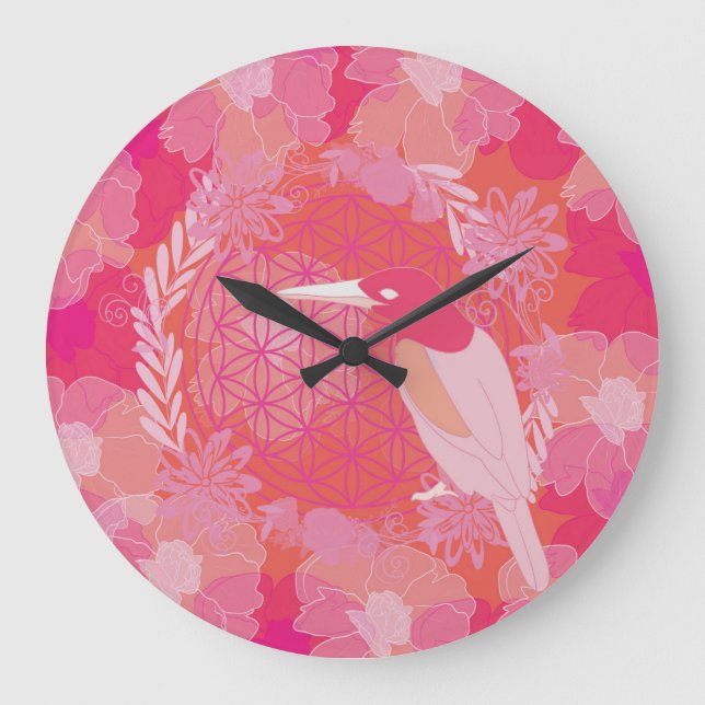 Reloj Redondo Grande Flor de la vida pájaro (Anverso)