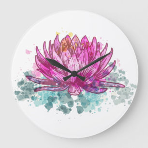 Reloj Redondo Grande Flor de Loto Rosa Acuarela