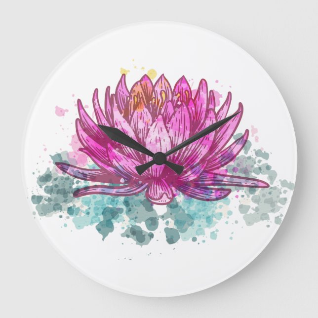 Reloj Redondo Grande Flor de Loto Rosa Acuarela (Anverso)