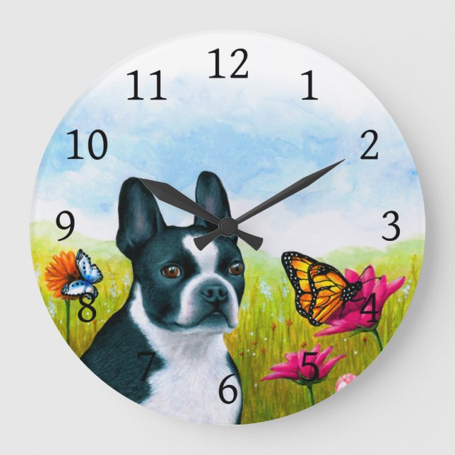 Reloj Redondo Grande Flor de mariposa Dog 134 Boston Terrier (Anverso)
