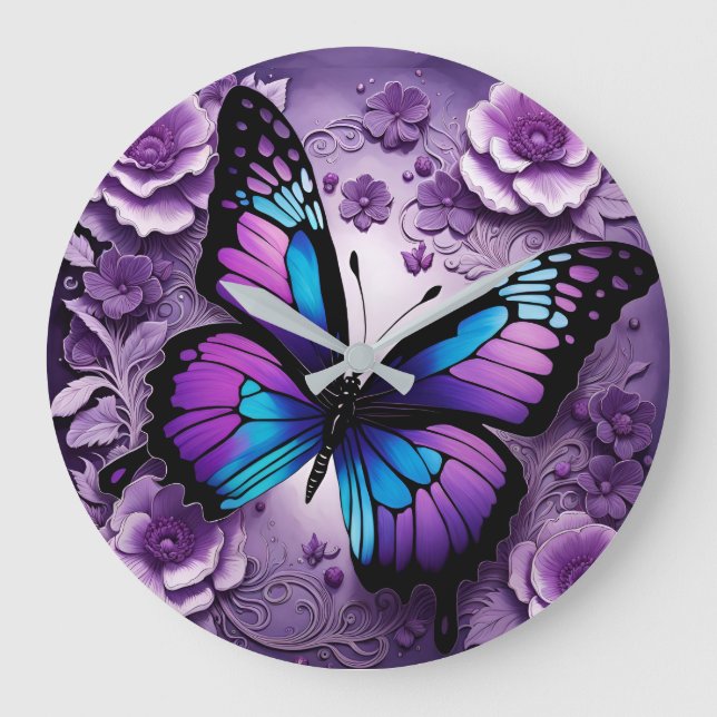 Reloj Redondo Grande Flor de mariposa morada (Anverso)