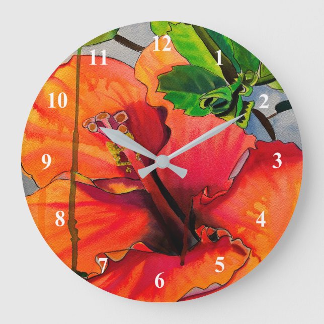 Reloj Redondo Grande Flor de Neon Hibiscus tropical (Anverso)