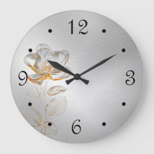 Reloj Redondo Grande Flor de Oro Números de Plata