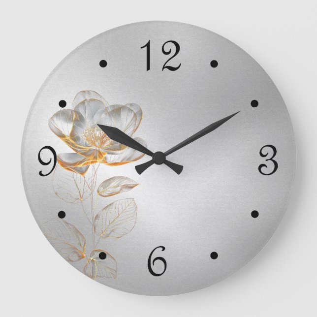 Reloj Redondo Grande Flor de Oro Números de Plata (Anverso)