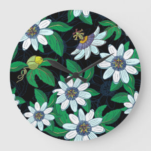 Reloj Redondo Grande Flor de pasionero negro fondo floral sin soldadura