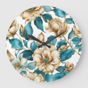 Reloj Redondo Grande Flor de patrón floral Verde azulado blanco de oro 