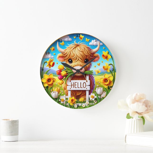 Reloj Redondo Grande Flor de primavera de vaca altícola adorable (Hogar)