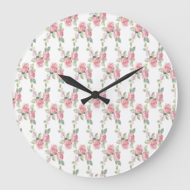 Reloj Redondo Grande Flor de rosa rosada Shabby Chic (Anverso)