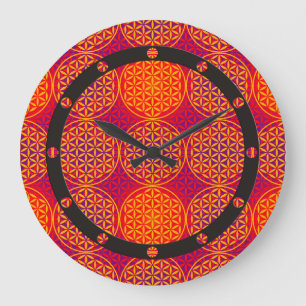 Reloj Redondo Grande Flor de vida - patrón de sello - rosa naranja