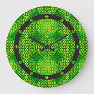 Reloj Redondo Grande Flor de vida - patrón de sello - verde
