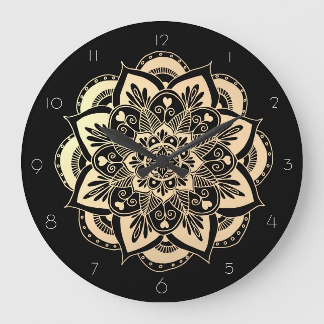 Reloj Redondo Grande Flor elegante en negro y dorada en Mandala (Anverso)