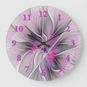 Reloj Redondo Grande Flor Floral Fractal Moderno Abstracto Flor Gris ro