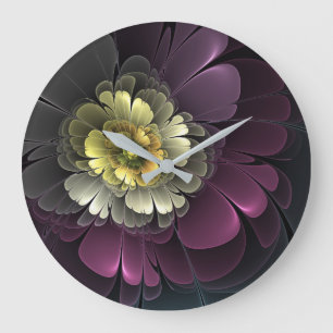 Reloj Redondo Grande Flor Fractal Gris Purpura Moderna Abstracta