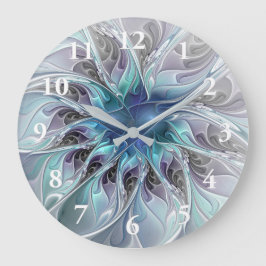 Reloj Redondo Grande Flor Fractal Moderna Con Azul