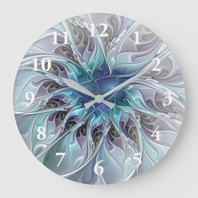 Reloj Redondo Grande Flor Fractal Moderna Con Azul (Anverso)