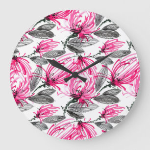 Reloj Redondo Grande Flor Roja Oriental: Patrón acuarela.