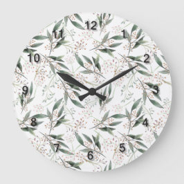 Reloj Redondo Grande Flor rosa de nuez de goma de hoja verde acuarela