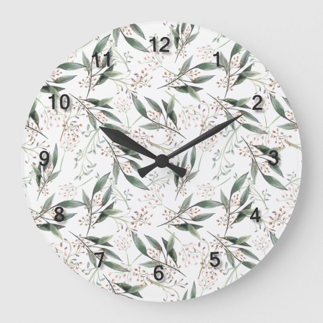 Reloj Redondo Grande Flor rosa de nuez de goma de hoja verde acuarela (Anverso)