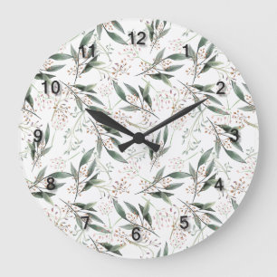 Reloj Redondo Grande Flor rosa de nuez de hoja verde color agua