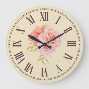 Reloj Redondo Grande Flor rosa rosa rosa vintage Golden Twig Floral