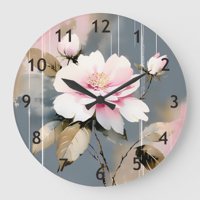 Reloj Redondo Grande Flor rosa rosa Wabi-Sabi (Anverso)