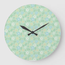 Reloj Redondo Grande Flor verde suave con flores amarillas blancas azul