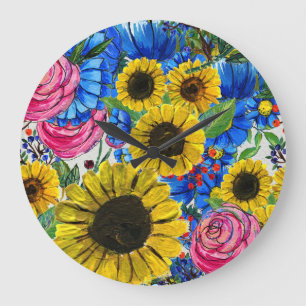 Reloj Redondo Grande Flora rosa amarilla azul sin soldadura