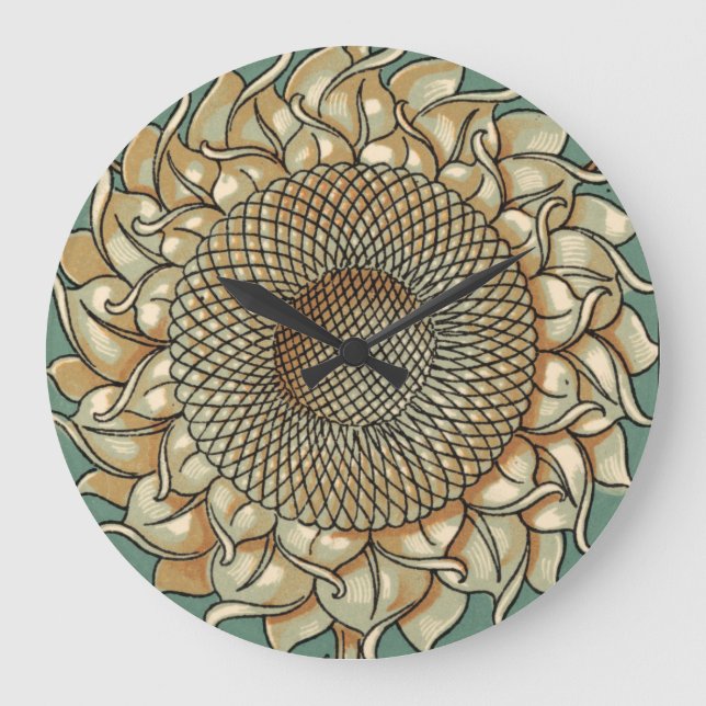 Reloj Redondo Grande Floración del girasol en fondo azulverde (Anverso)