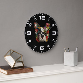 Reloj Redondo Grande Floral 3D Boston Terrier
