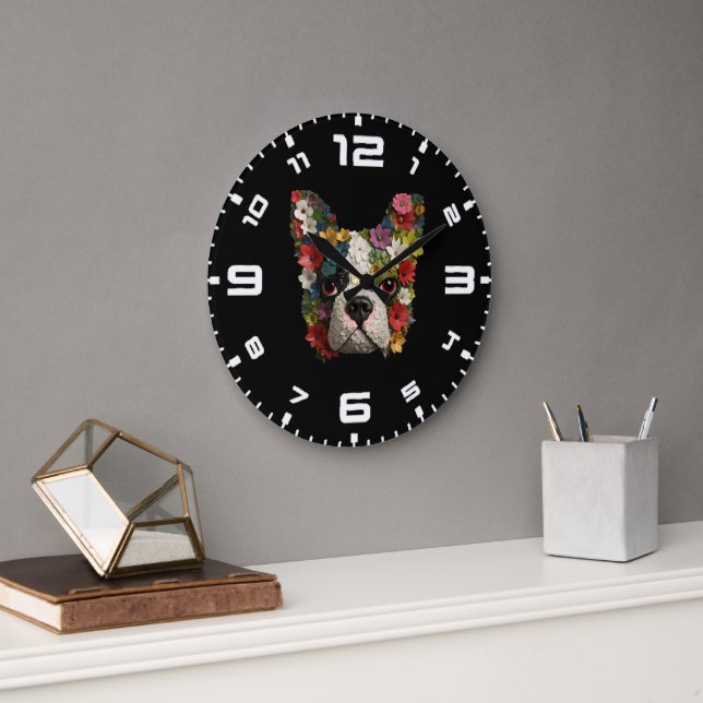 Reloj Redondo Grande Floral 3D Boston Terrier (Oficina)
