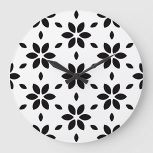 Reloj Redondo Grande Floral Abstracto en Blanco y Negro Moderno
