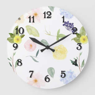 Reloj Redondo Grande Floral Acuarela Amarillo Rosa