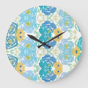 Reloj Redondo Grande Floral Acuarela Azul y Amarillo