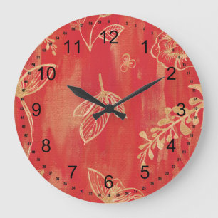 Reloj Redondo Grande Floral Acuarela Rojo Dorado