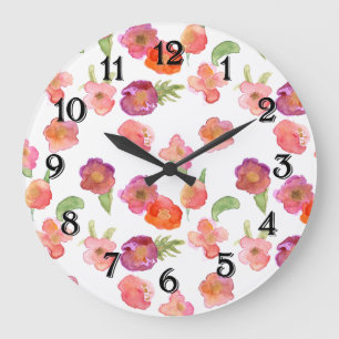 Reloj Redondo Grande Floral Acuarela Rosa Dorado
