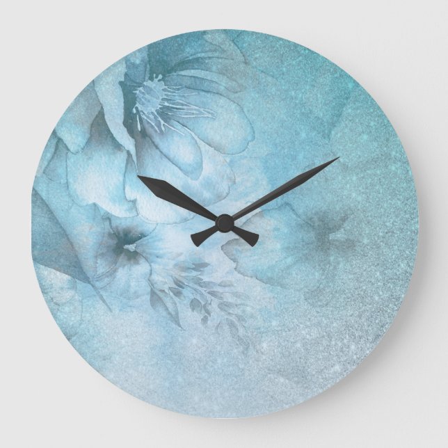 Reloj Redondo Grande *~* Floral acuarela Turquesa Purpurina Celestial (Anverso)