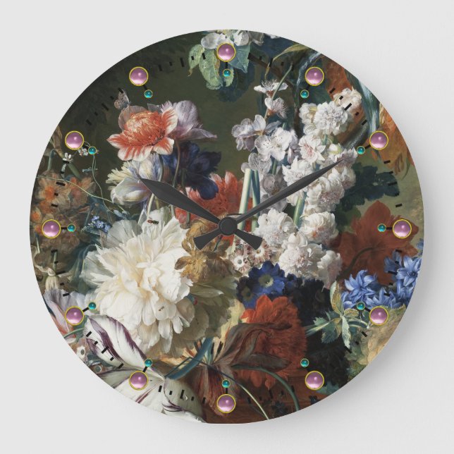 RELOJ REDONDO GRANDE FLORAL ANTIGUA,FLORES BLANCOS DE ANEMONES ROJOS RO (Anverso)