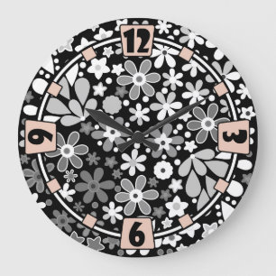 Reloj Redondo Grande floral blanca negra