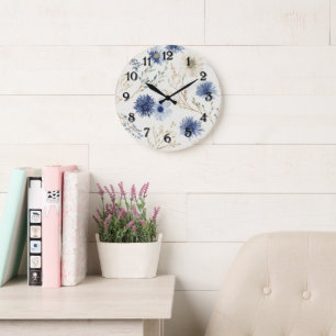 Reloj Redondo Grande Floral Blanco Azul  