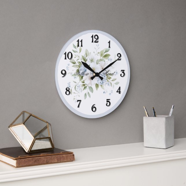 Reloj Redondo Grande Floral Blanco Azul Bonito (Oficina)