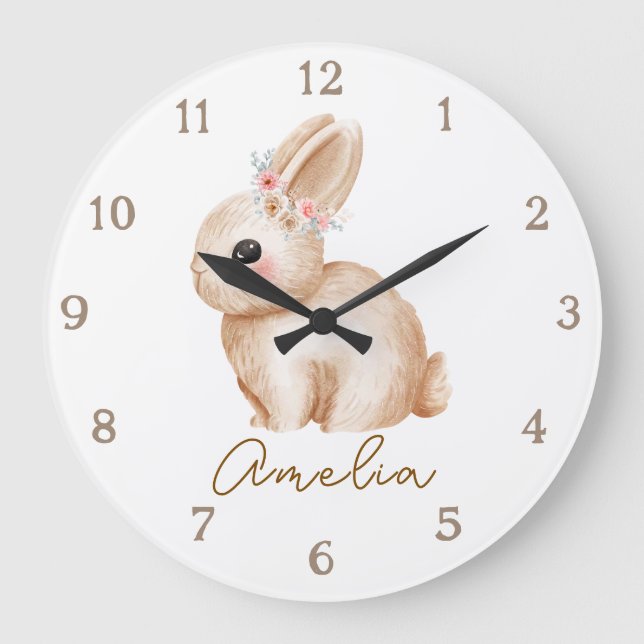Reloj Redondo Grande Floral Bunny Personalized Nursery Wall Clock Custo (Anverso)